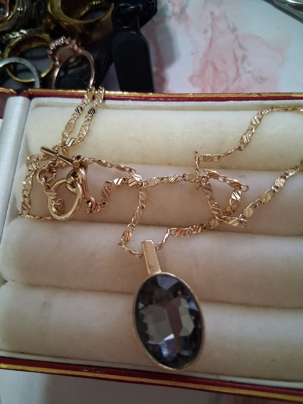Gold Chain Necklace with Smoky Oval Pendant